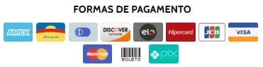 Formas de pagamento: Amex, Aura, Diners, Discover, Elo, Hipercard, JCB, Visa, Mastercard, Boleto, PIX